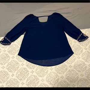 Navy Blue Sheer 3/4 Sleeve Flowy Blouse